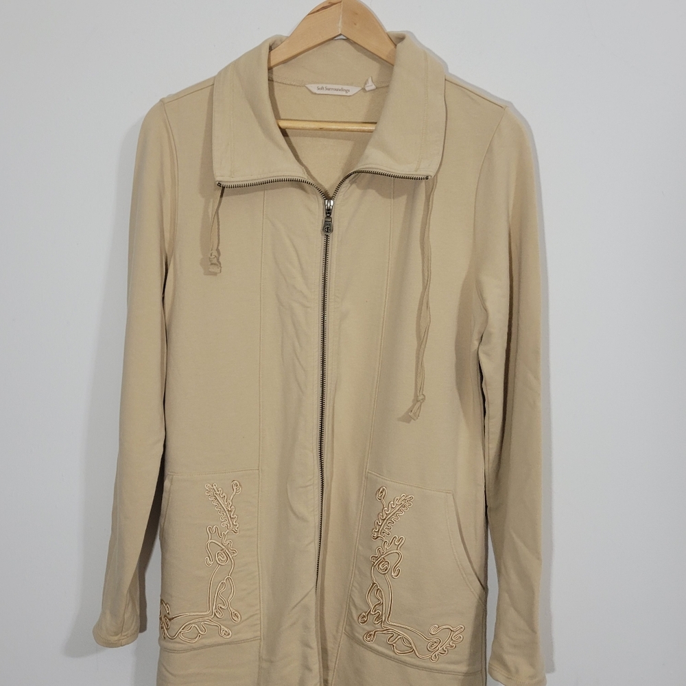 Soft Surroundings Beige High Neck Zip Long Jacket Embroidery Womens Small